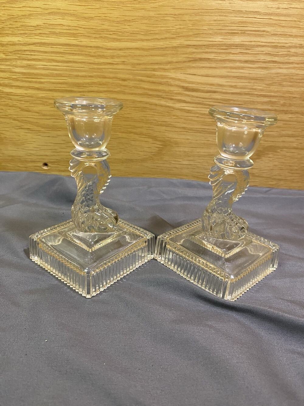 Vintage Glass Clear Koi Fish Set of 2 Candle Holders Decorative